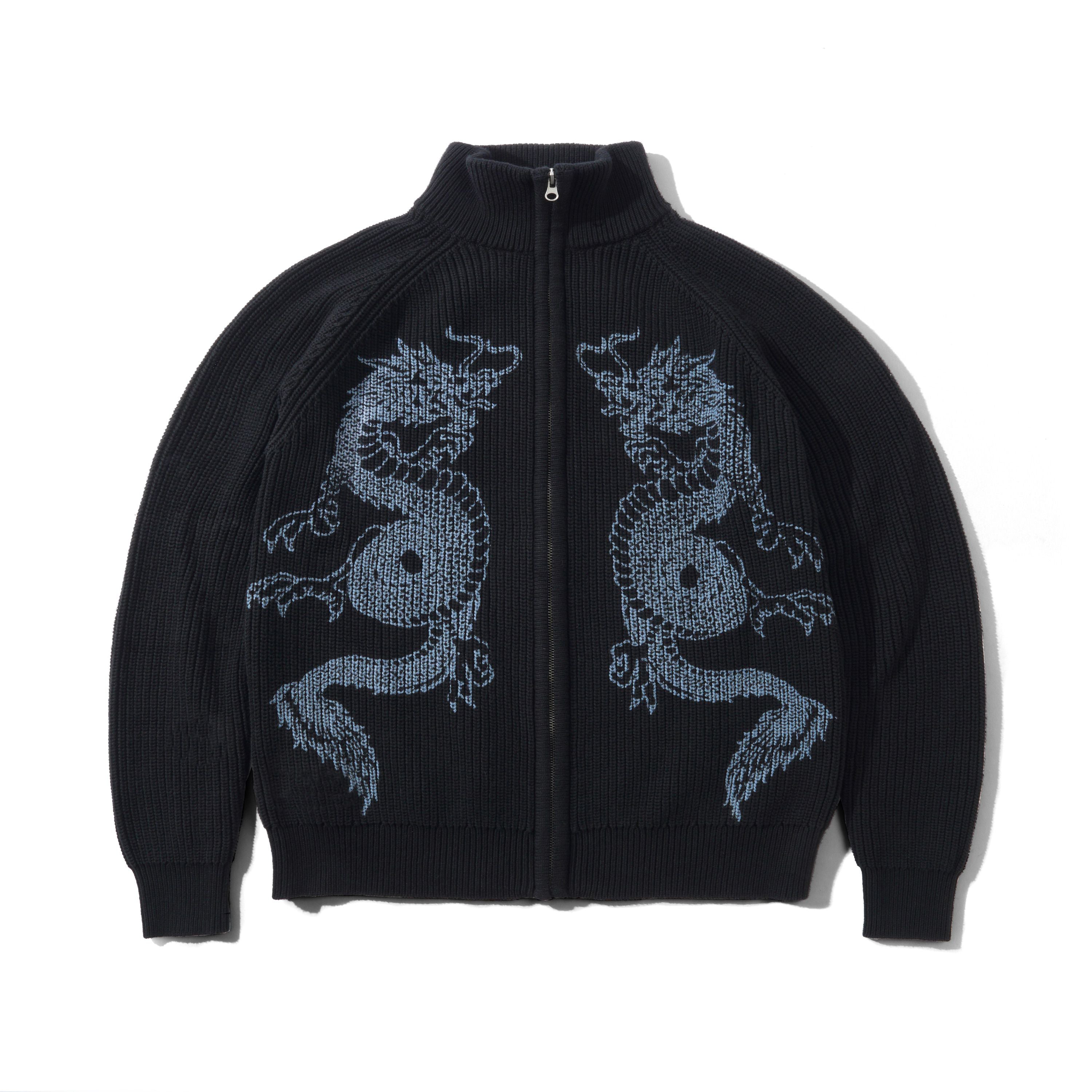 "DRAGON" ZIP-THRU KNIT SWEATER (BLACK)