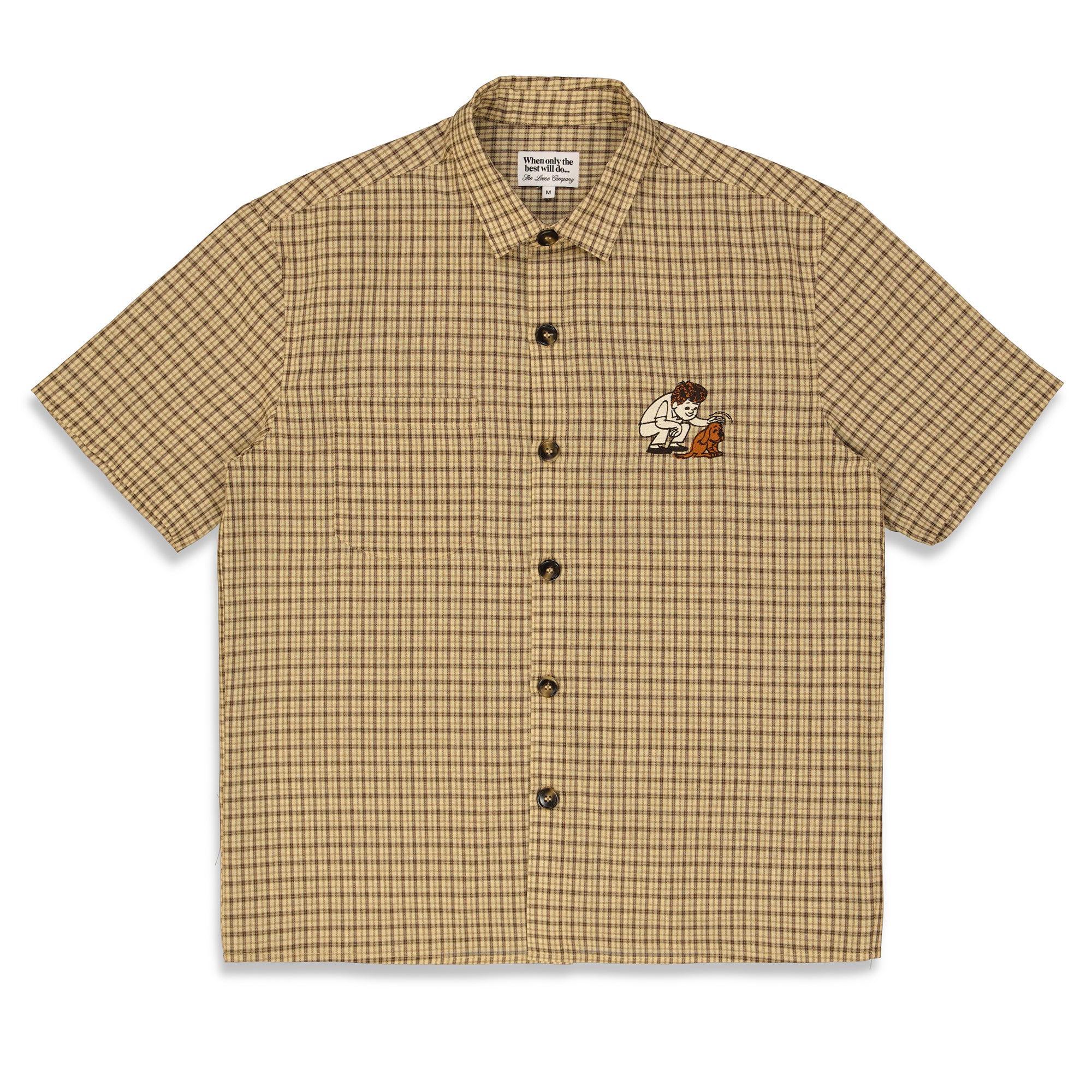 "PET THE PUPPY" SHIRT (BEIGE/BROWN CHECKERED)