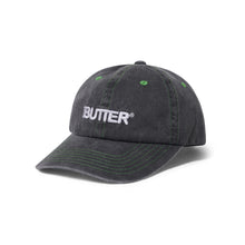 Load image into Gallery viewer, BUTTER GOODS - &quot;ROUNDED&quot; 6 PANEL HAT (WASHED BLACK/GREEN STITCH)
