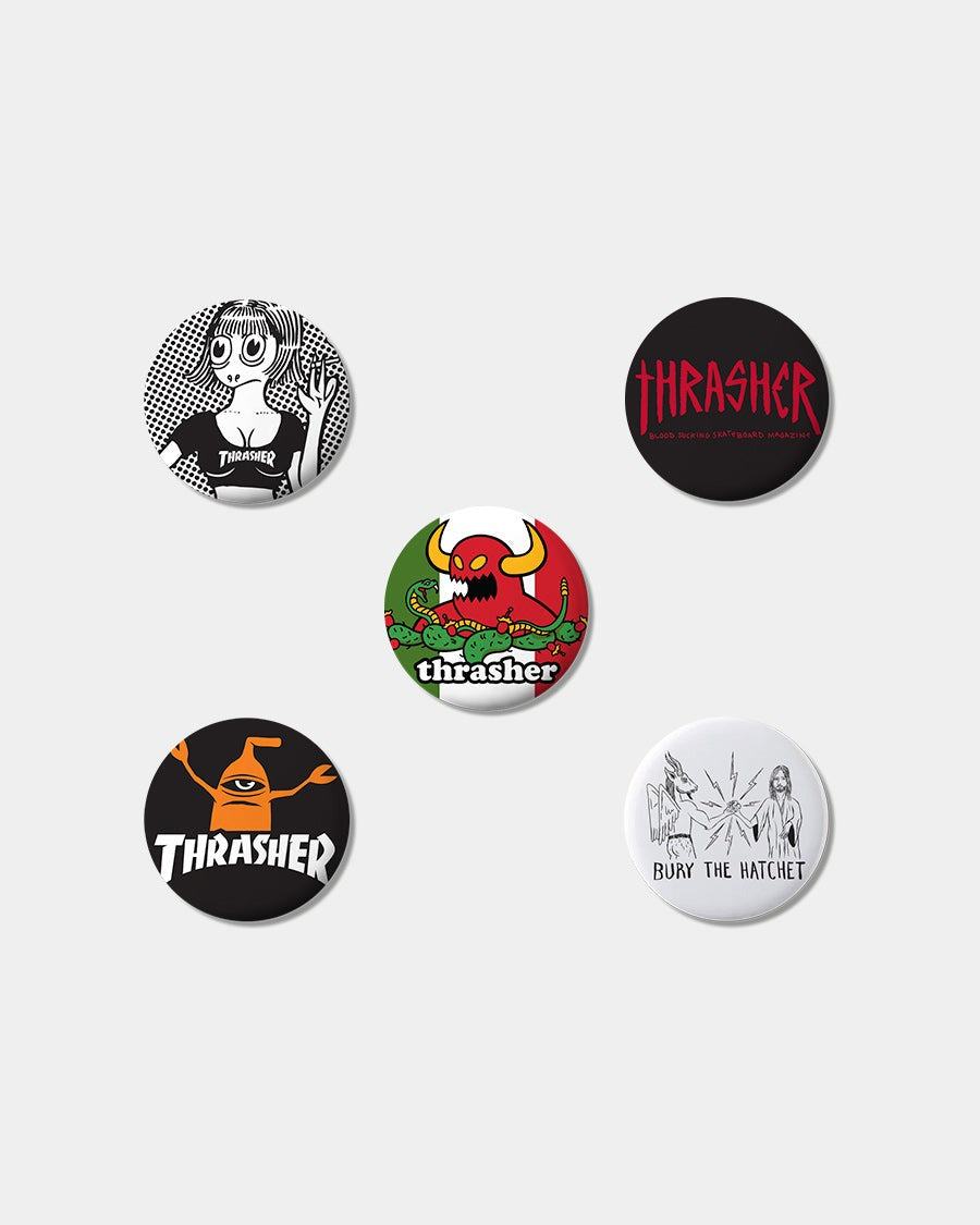 THRASHER MAGAZINE X TOY MACHINE - BUTTONS (5 PACK)